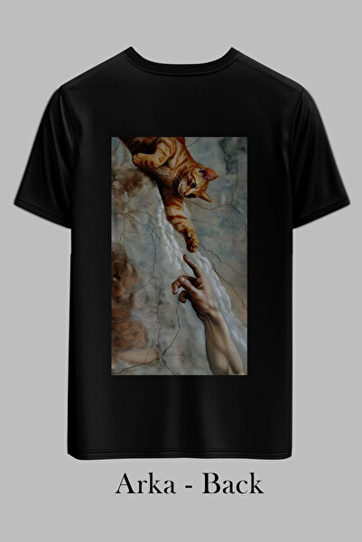 OXVİN Curiosity of a Cat Baskılı Regular Siyah T-shirt/Tişört