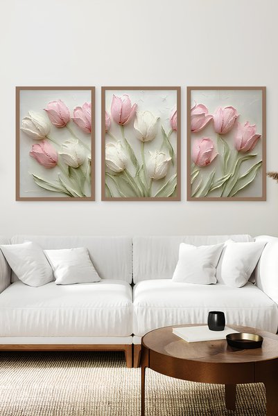 kutuTR Kahverengi Ahşap Çerçeveli 2DUV Baskı 3’lü MDF Tablo–Modern Floral Duv...