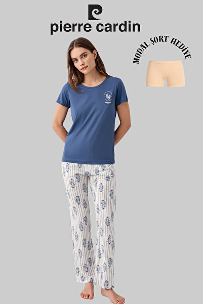 Pierre Cardin Women's Blue Wide Collar Pocket Detailed Pajama Set (Modal Shor...