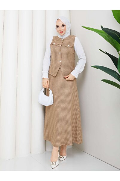 NURSİDA Women's Knitted Checkerboard Patterned Double Set