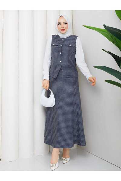 NURSİDA Women's Knitted Checkerboard Patterned Double Set