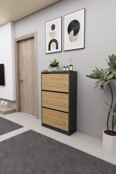 Mirobi Kembe 3 Bölmeli Açılır Modern Dekoratif Ayakkabılık Antrasit - Atlanti...