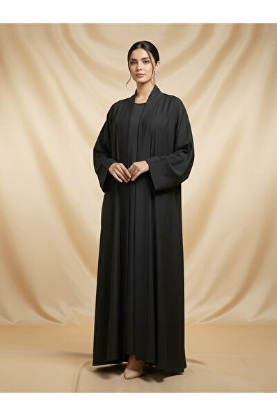 Muchmy Elegant 2 Piece Black Abaya Set For Women's Flowy Open Muslim Arabic L...