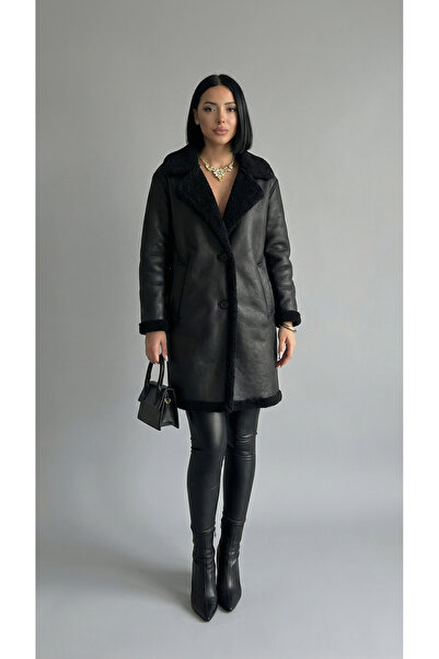 ALFUDO Moda Collection Zipper Closure Fur Lined Leather Coat Black