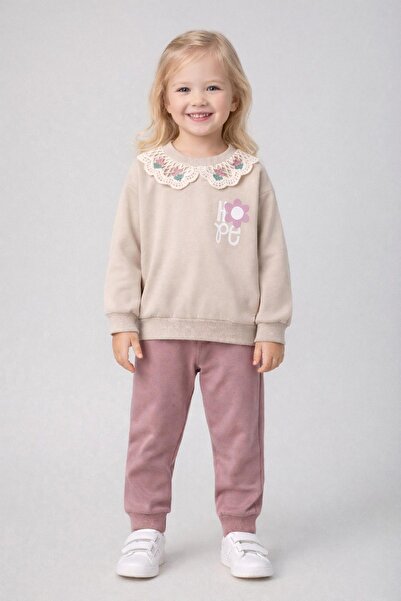 dinamik çocuk Girl's Collared 2 Thread Bottom Top Set Lace Collar B Printed T...