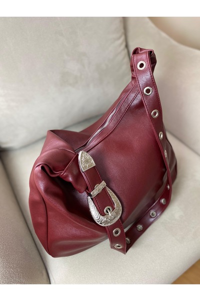 Nevalia Kadın Bordo Soft Deri Omuz Çantası-Büyük Hacimli Metal Tokalı Günlük ...