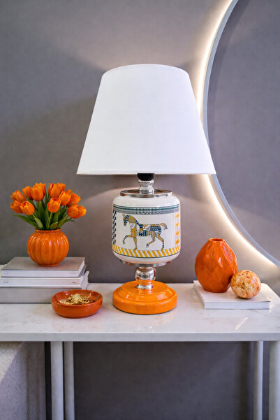 ferayhome Abajur Aydınlatma Seramik Oval Renkli Herm Desen Beyaz Şapka GÜMÜŞ ...