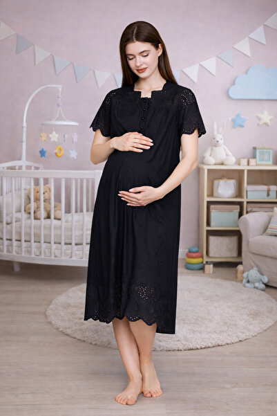 Yulem Homewear Black Fisto Linen Special Design Cotton Maternity Nightgown