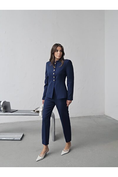 Swass Bella Jeweled Buttoned High Neck Jacket and Slim Leg Pants Set Navy Blue
