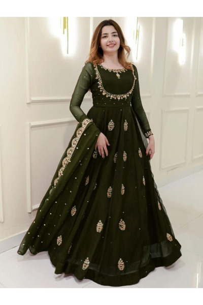 MYSMAR Green Georgette Gown - HRT6137 | Green