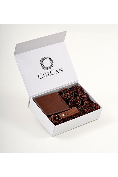CüzCan Premium Gift Rose Box - Butterfly Tan Genuine Leather Wallet - Keychai...