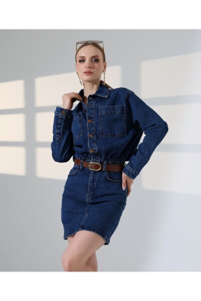 Coşkun GİYİM Women's Buttoned Mini Denim Dress Dark Blue 3027-01