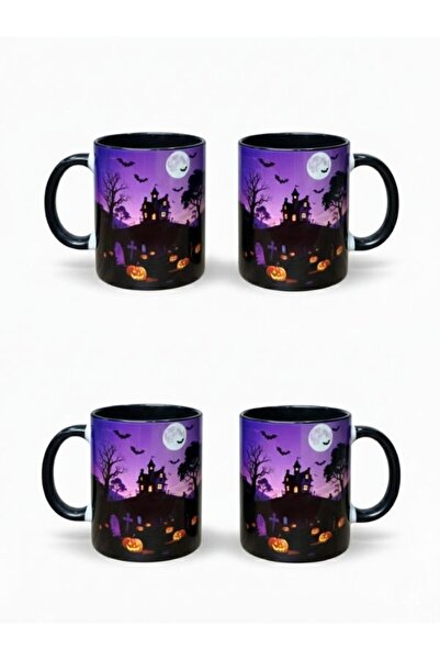 Perodia 4 قطع من أكواب البورسلين بسعة 300 مل بتصميم ساحرة الهالوين، قابلة للغ...