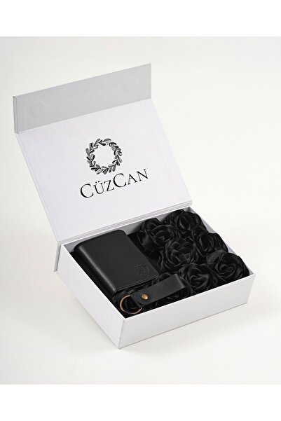 CüzCan Premium Gift Rose Box - Roco Black Genuine Leather Wallet - Keychain a...