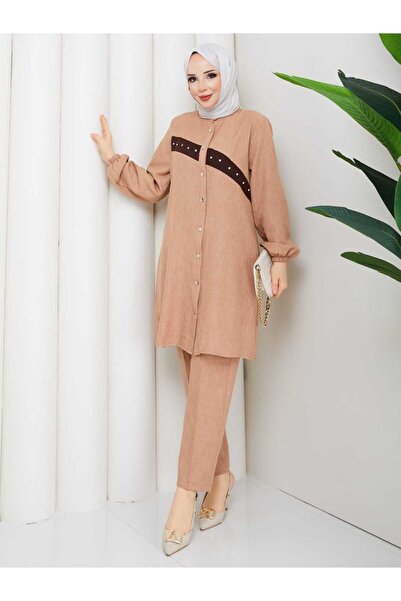 NURSİDA Kadın Tesettür Taş Detaylı Tunik Pantolon Takım