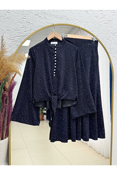 BENAHOLL Karaca Pearl Buttoned Front Tied Stone Skirt Suit-Ek754 Navy Blue