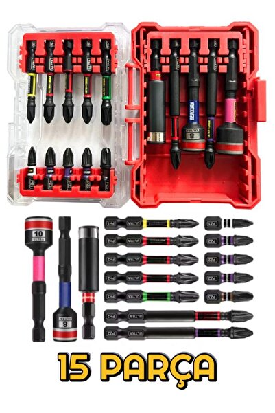 DepoMega 15 Parça Bits Uç Somun Adaptörü ve Uzatma Adaptörlü Set Özel Kutulu