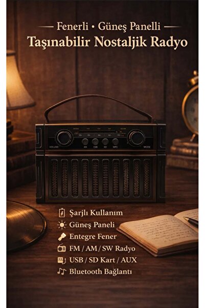 FaroxTech Güneş Panelli ve Fenerli Nostaljik Radyo - Bluetooth, USB, SD Kart ...
