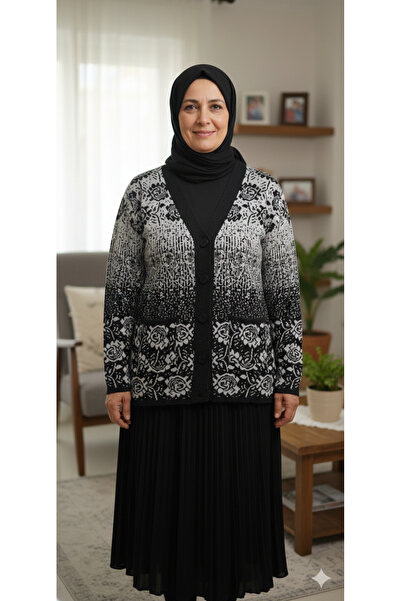 MODA Anne kendinden desenli önden düğmeli standart beden ( 36-46)hırkası