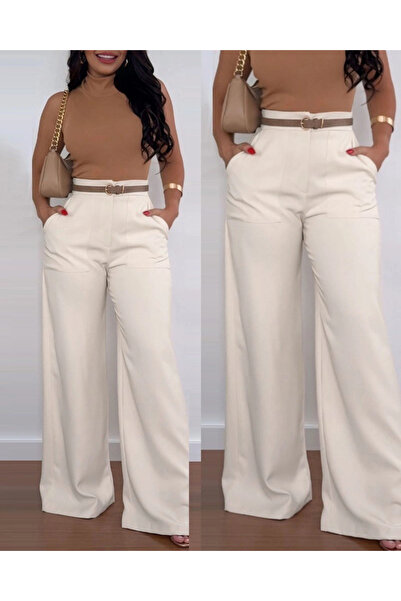 nedo7 Women's High Waist Wide Leg Detailed Imported Crepe Trousers with Pockets