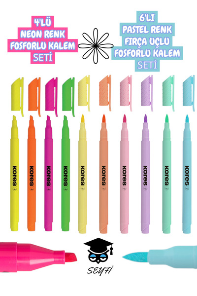 SEYFİKİRTASİYE 6'LI PASTEL FIRÇA UÇLU VE 4'LÜ NEON RENK FOSFORLU KALEM SETİ K...