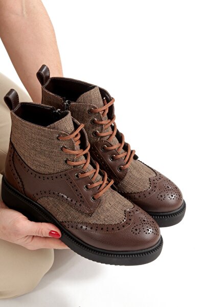 Modabuymus Dark Brown Plaid Oxford Lace-Up Zippered Casual Women's Boots Pivol