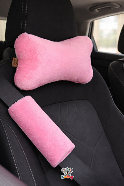 KidHug Oto Yastık + Emniyet Kemeri Koruyucu 2'li SET Peluş Yumuşacık PEMBE Tü...