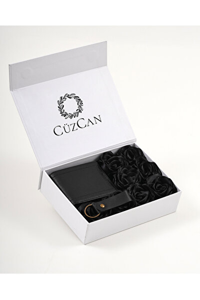 CüzCan Premium Gift Rose Box - Butterfly Black Genuine Leather Wallet - Keych...
