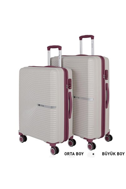 MÇS Bavul Büyük ve Orta 2li Set Kırılmaz Silikon Valiz V374 Kemik/Mürdüm