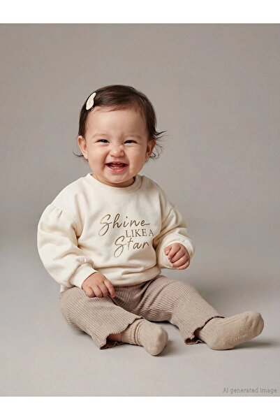 LC Waikiki Lcw Baby Beige Printed Z Baby Girl Sweatshirt and Pants Set