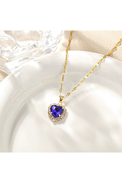 Kracer 18K Gold Plated Heart Necklace, with Blue Zirconia Stones, Stainless S...