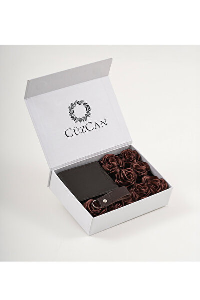 CüzCan Premium Gift Rose Box - Butterfly Brown Genuine Leather Wallet - Keych...