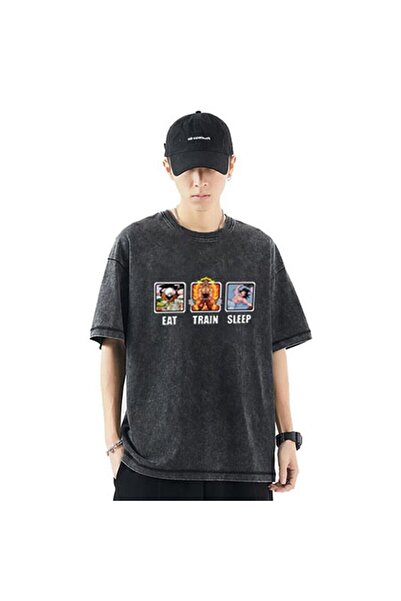 Le Savu Washable Eat Train Sleep Printed Unisex Oversized Vintage T-Shirt