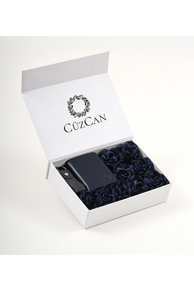 CüzCan Premium Gift Rose Box - Roco Navy Blue Genuine Leather Wallet - Keycha...
