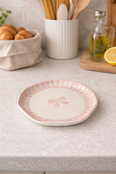 MeGgDecor 1 Piece Pink Striped Cake Plate with Bow Pattern - 21 cm