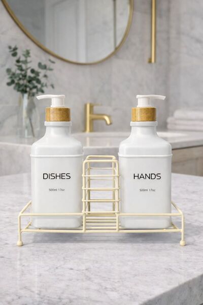 ZÜRİH COLLECTİON Set of 2 Modern Glass Soap Dispensers with Metal Stand White...