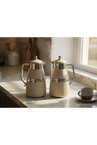 ZALA طقم ترمس مزدوج فاخر باللونين البيج والفضي، سعة 2 × 1 لتر - تصميم عصري وأ...