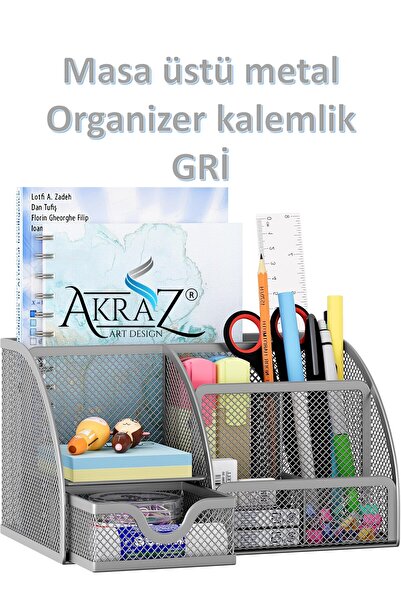 Akraz Art Design MASA ÜSTÜ METAL KALEMLİK GRİ -GÜMÜŞ YEDİ GÖZLÜ (ORGANİZER MA...