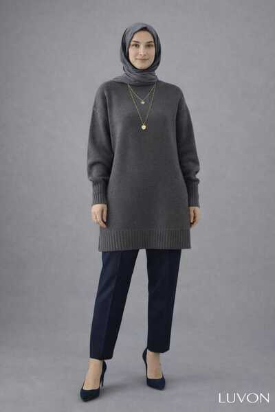 LUVON Anthracite Crew Neck Oversized Knitwear Tunic