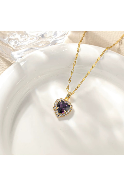 Kracer 18K Gold Plated Heart Necklace, with Purple Zirconia Stones, Stainless...