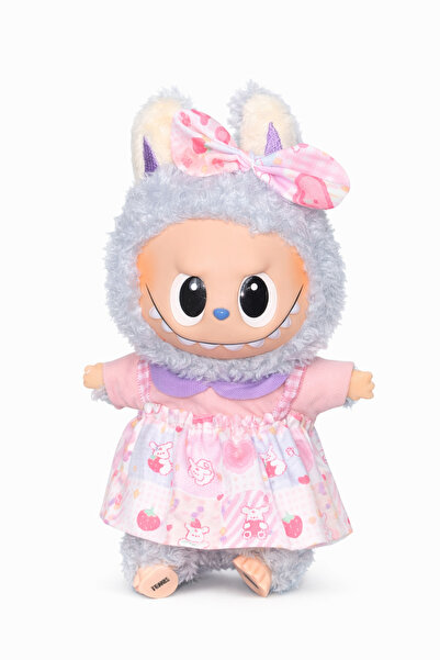 OEM Breloc de pluș - tip Labubu - 15 cm - îmbrăcat într-o rochie roz - albastră