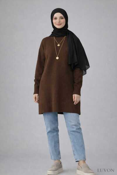 LUVON Brown Crew Neck Oversized Knitwear Tunic