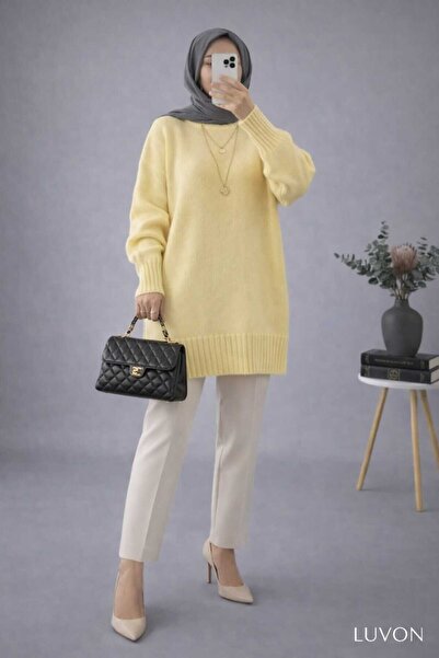 LUVON Sarı Bisiklet Yaka Oversize Triko Tunik