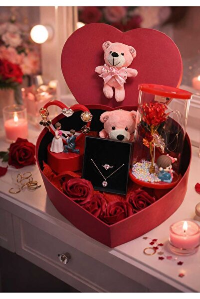 Kalpkutusu Kalp Kutu Romantik Hediye Seti Işıklı Fanus Kolye Ayıcık