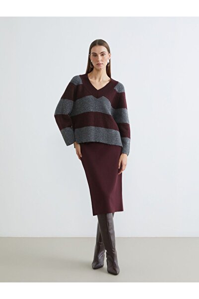 LC Waikiki Lcwaikiki Classic Plum Color Elastic Waist Slit Knitwear Skirt