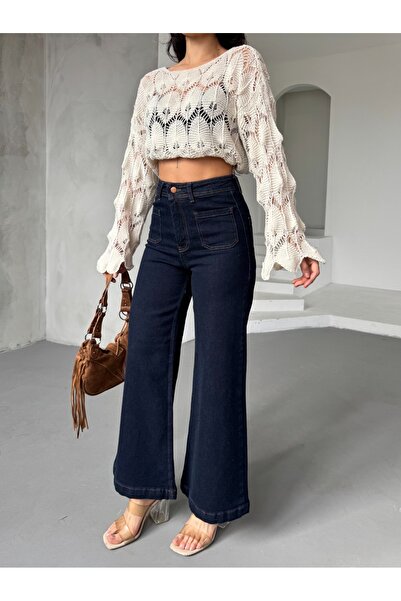 Coşkun GİYİM Women's Front Pocket Detailed Palazzo Jeans Slapli Dark Blue 707...