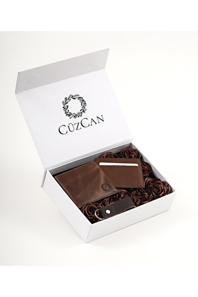 CüzCan Premium Gift Rose Box - M.Utd Brown Genuine Leather Wallet - Card Hold...