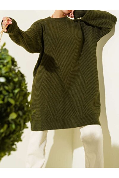 Vaniza Embossed Asymmetrical Striped Knitwear Tunic Sweater