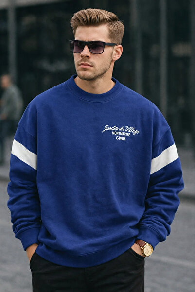 COMBİNE MİCHAİL سويت شيرت رجالي شتوي مطبوع قصة فضفاضة أزرق