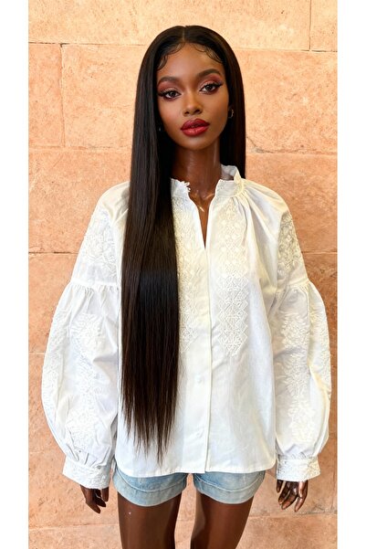 Matcha Butik Women's White Embroidered Sleeve Detailed Vintage Shirt